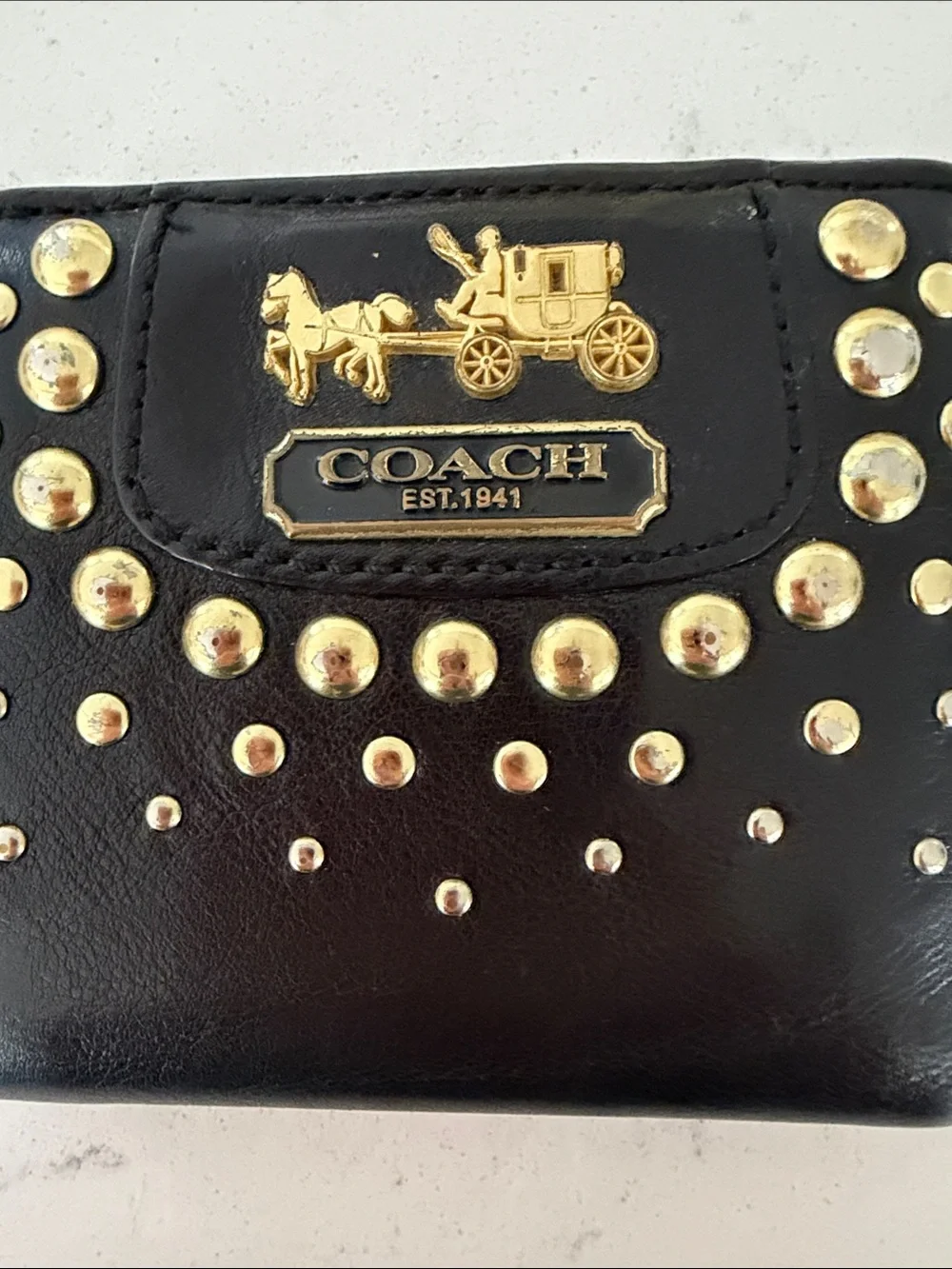 Coach Black Leather Mini Wallet with Gold Stud Accents